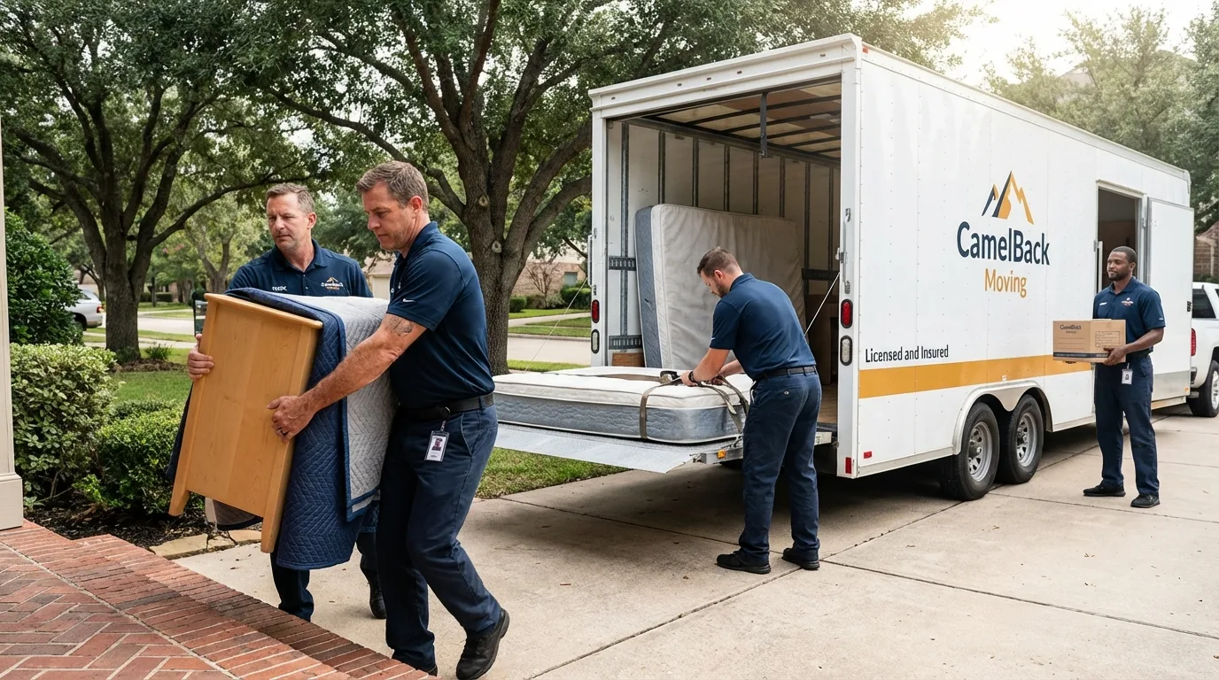Crew loading residential truck for cross-state move from Perris, CA