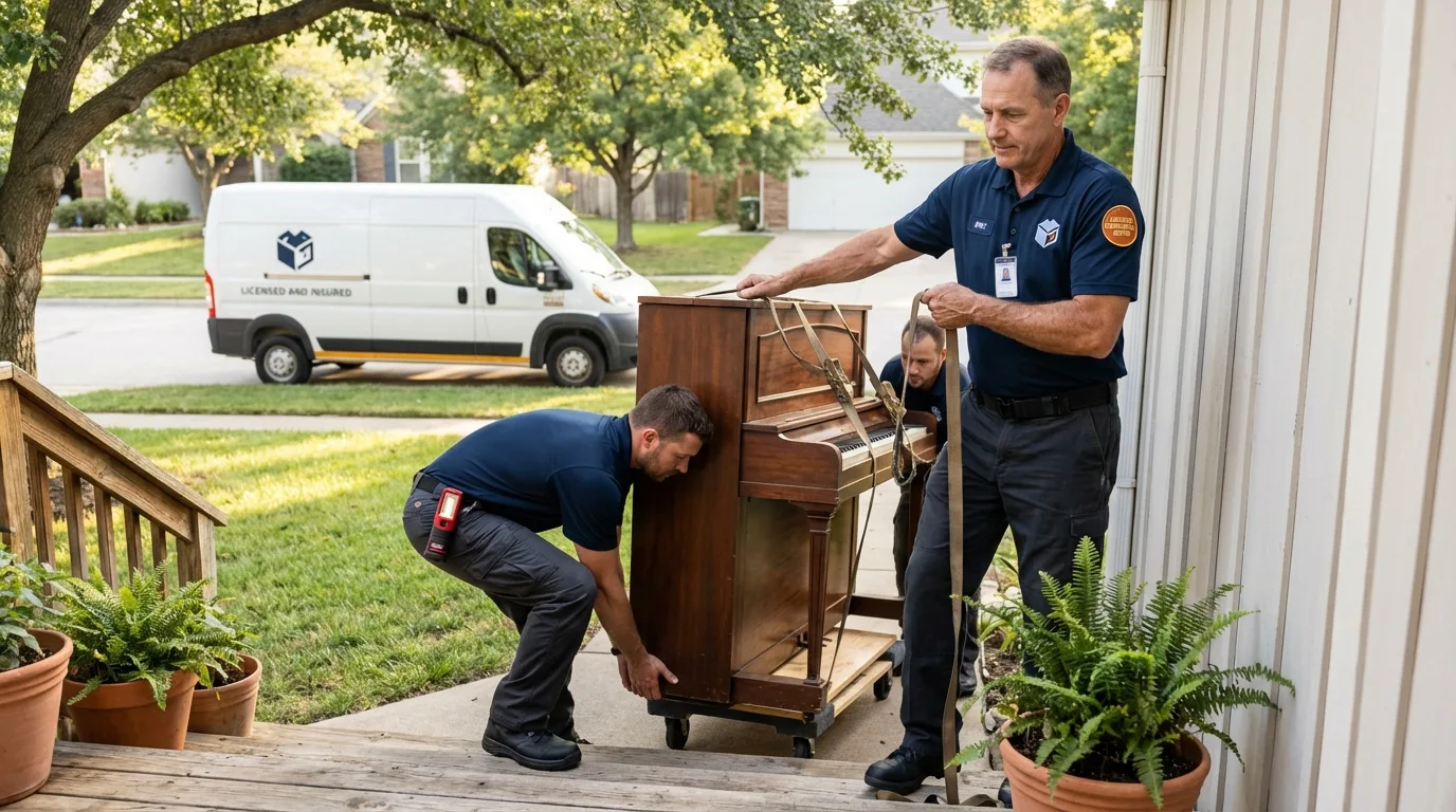 Licensed piano movers securing grand piano in Perris, CA