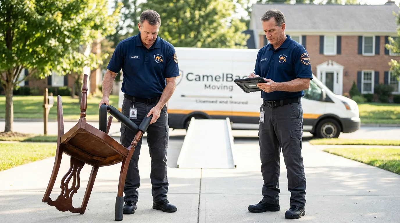 Movers inspecting furniture for damage prevention before loading in Perris, CA