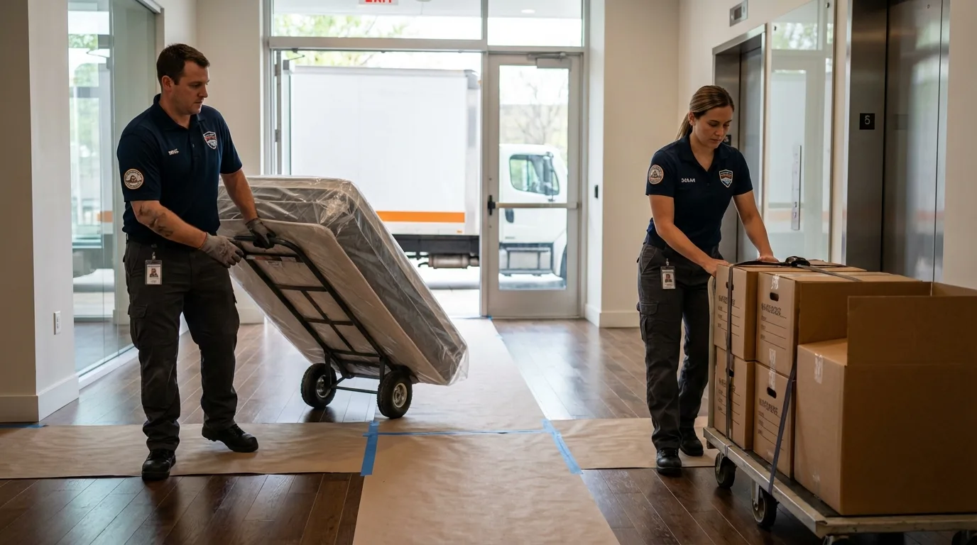 Professional apartment movers loading elevator in Perris, CA